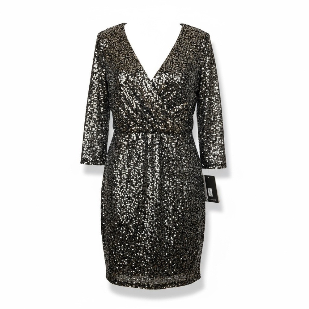 JS Boutique Black Silver Sequin Surplice Mini Cocktail Dress Women's 6 – NWT